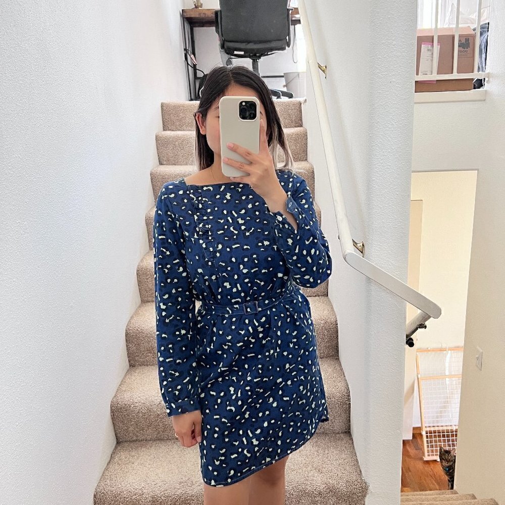 A.P.C. Navy Blue Printed Long-Sleeve Mini Dress